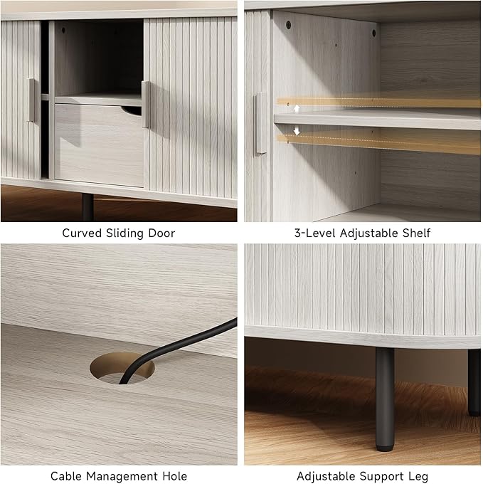 ONBRILL 69" TV Stand with Power Outlet for TVs up to 80", Entertainment Center with Storage and Drawer, TV Console with Adjustable Shelves and Sliding Door, TV Stand for Living Room, Natural White