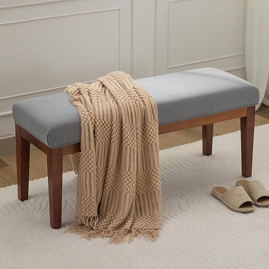 WUTUTUEE 43.5'' Linen Bedroom Bench, Upholstered End of Bed Bench, Padded Vintage Dining Bench, Entryway Bench with Solid Wood Legs, Kitchen, Living Room, Hallway, Light Grey
