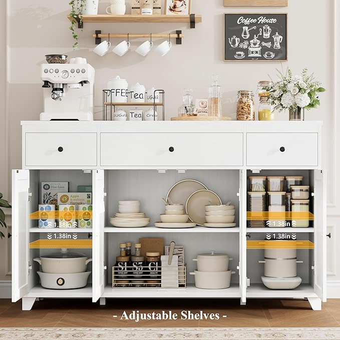 HIFIT 55" Large Kitchen Buffet Cabinet with Storage Drawers, Modern Sideboard Buffet Table Storage Cabinet with Doors and Shelves, Wood Coffee Bar Cabinet for Kitchen Dining Living Room, White