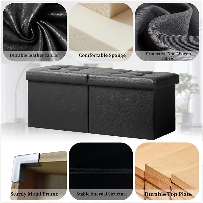 Bsketa Storage Ottoman Bench with Folding Lid Ⅲ, Foot Stools Opens on Both Ends, Footrest Foldable Leather Chest for Living Room, Bedroom, Entryway, End of Bed Storage Blanket Ottomans Black