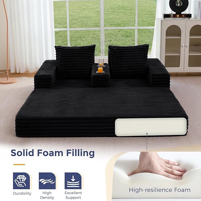 MAXYOYO Loveseat Sofa Bed, Striped Faux Fur Foldable Floor Sofa Couch in A Box, 4 in 1 Convertible Boneless Couch with 2 Cup Holders, Folding Recliner Sleeper Chair, No Assembly Required, Jet-Black
