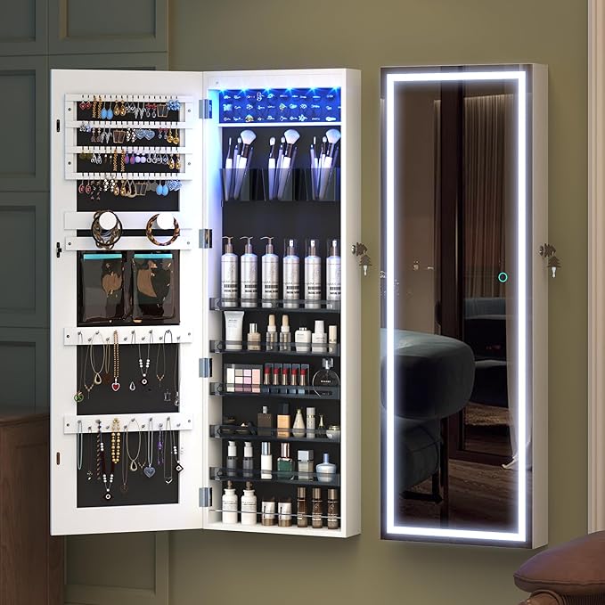 LVSOMT LED Mirror Jewelry Cabinet Door Hanging, Wall Mounted Jewelry Mirror Organizer Full Length, Lockable Jewelry Armoire, Large Capacity, for Small Space Bedroom, Gift for Women, White