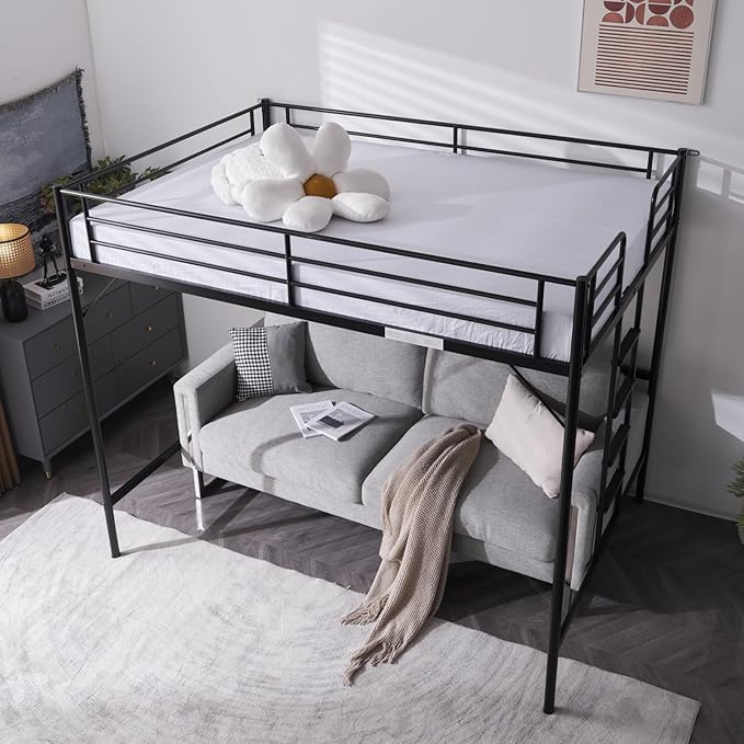 VINGLI Loft Bed Full Size with Flat Rungs for Adults, Kids and Young Teens, No Box Spring Required,Heavy Duty Metal Slat Support,Black