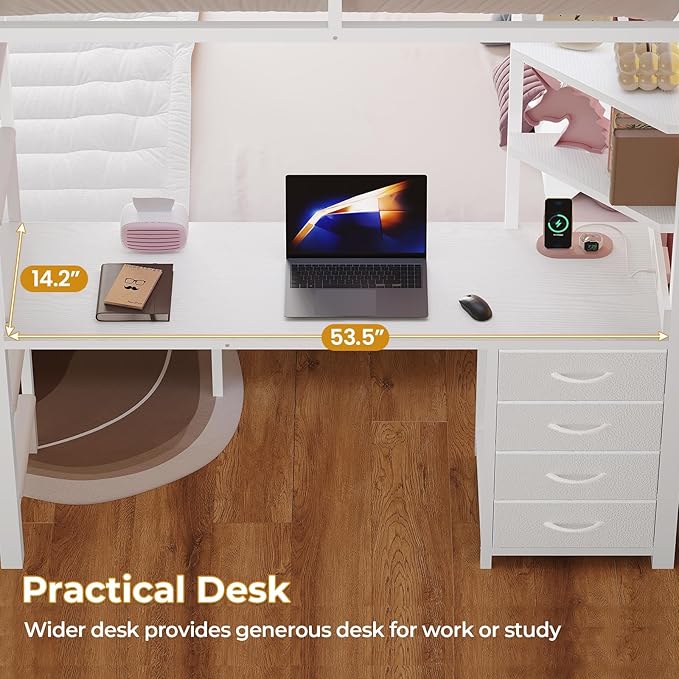 ADORNEVE Bunk Bed with Desk, Full Over Full Bunk Beds with Charging Station & Led Lights, 4 Storage Drawers & 2 Open Storage Shelves, Metal Loft Bed with Safety Guardrail & Ladder for Kids/Teen, White