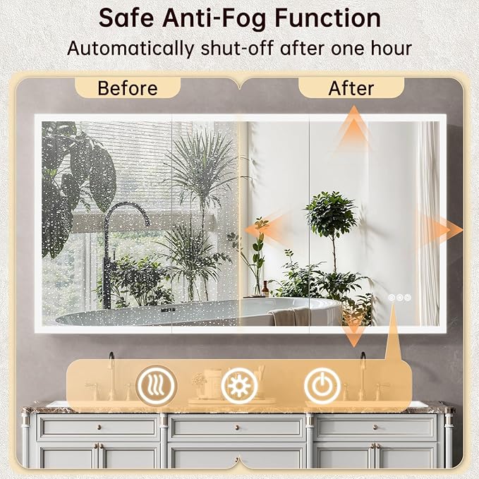 60"x32" Medicine Cabinet Mirror, LED Lighted Medicine Cabinet with Electrical Outlet＆USB, Anti-Fog, 3 Colors Temperature Stepless Dimmable, Aluminum Cabinet for Storage and Mordern Decor