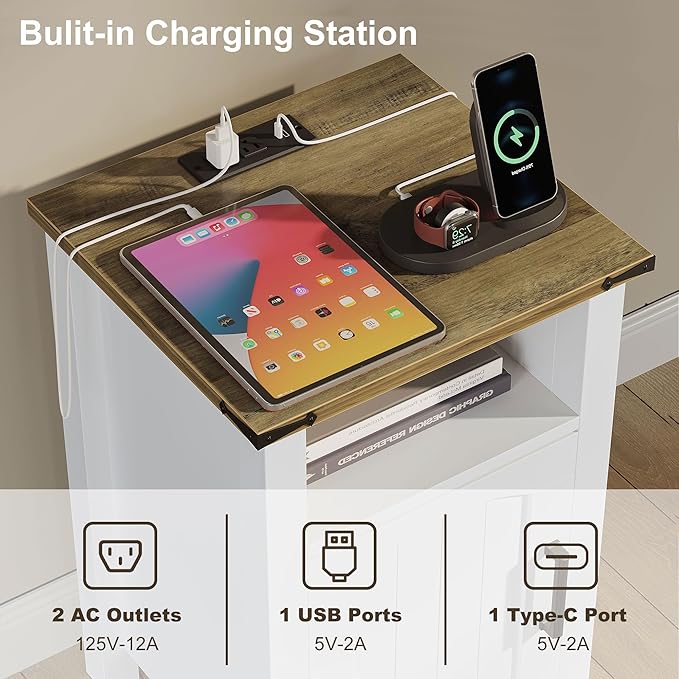Decofy Farmhouse Nightstand with Charging Station, Set of 2, Wood Bedside Table with Storage & Open Compartment, Side End Table for Bedroom, Rustic White and Brown