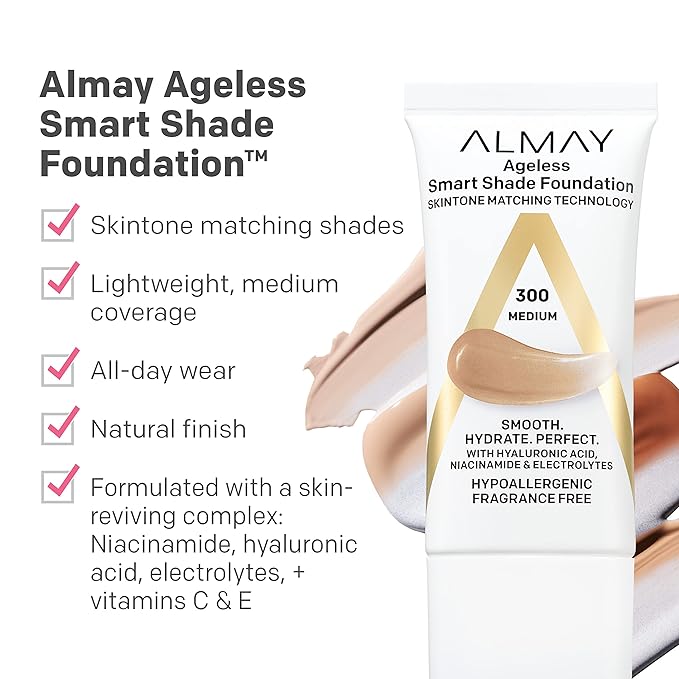 Almay Anti-Aging Foundation, Smart Shade Face Makeup with Hyaluronic Acid, Niacinamide, Vitamin C & E, Hypoallergenic-Fragrance Free, 600 Tan, 1 Fl Oz (Pack of 1)