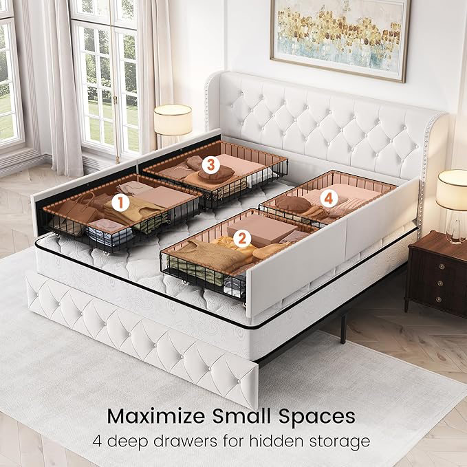 LARMACE King Size Bed Frame with 4 Storage Drawers and 47.2" Tall Wingback Headboard Velvet Upholstered Platform Bed Frame Tufted Beds with Wooden Slats Support, Easy Assembly, White