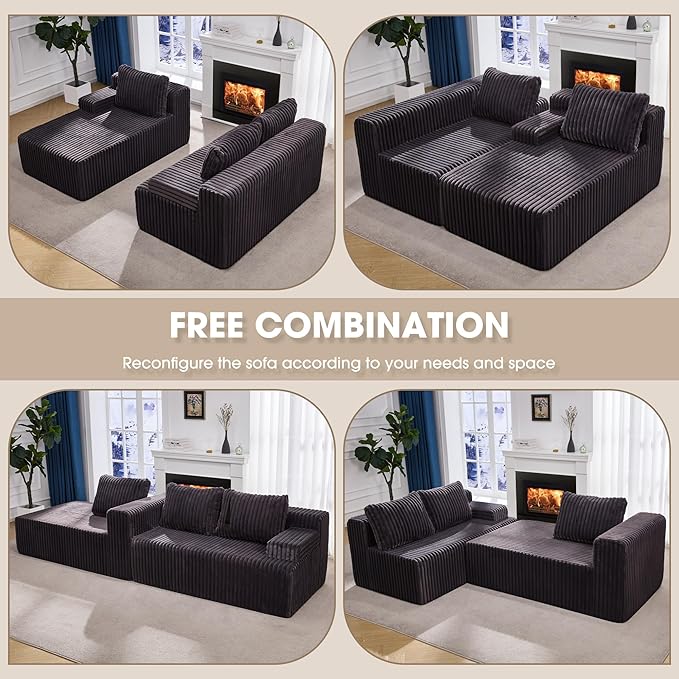 Hobestluk Modular Sectional Sofa Boneless Couch L-Shape Couch 3 Seat Modular Couch Memory Foam Sectional Couches for Living Room Furniture, Cloud Couch Lounge (Grey Stripe, 98" Left Facing Chaise)