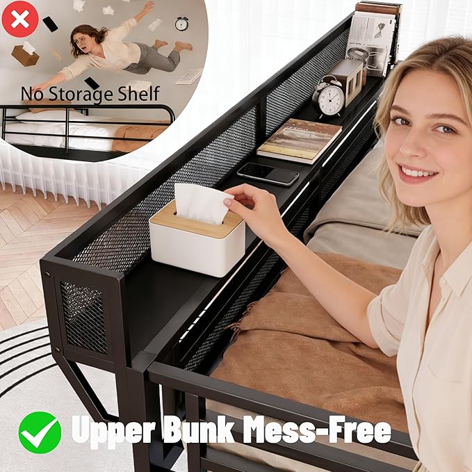 Full Size Loft Bed with Stairs and LED Light, Metal Loft Bed Frame with Shelf for Adults, Tall Loft Beds with Storage Shelves and Wardrobe for Kids Boys Girls Teens, Convertible Staircase, Black