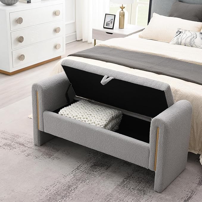 Christopher Knight Home Upholstered Storage Ottoman, Teddy Fabric Bench with Solid Wood Legs, Comfortable Foot Rest Stool, Storage Bench for Bedroom End of Bed, Living Room, Dorm, Dining Room, Gray