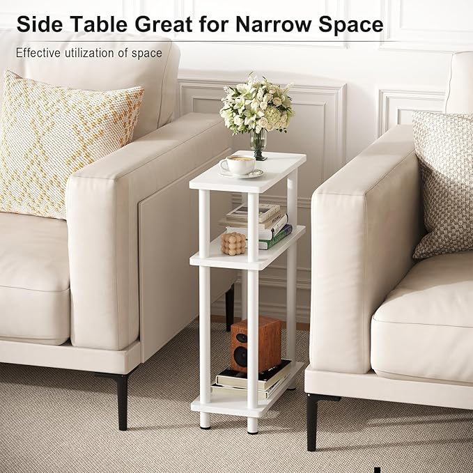 Apicizon Small Narrow Side Table, 3-Tier Skinny End Table with Storage Shelf, Slim Nightstand Bedside Table for Small Spaces, Living Room, Bderoom, White