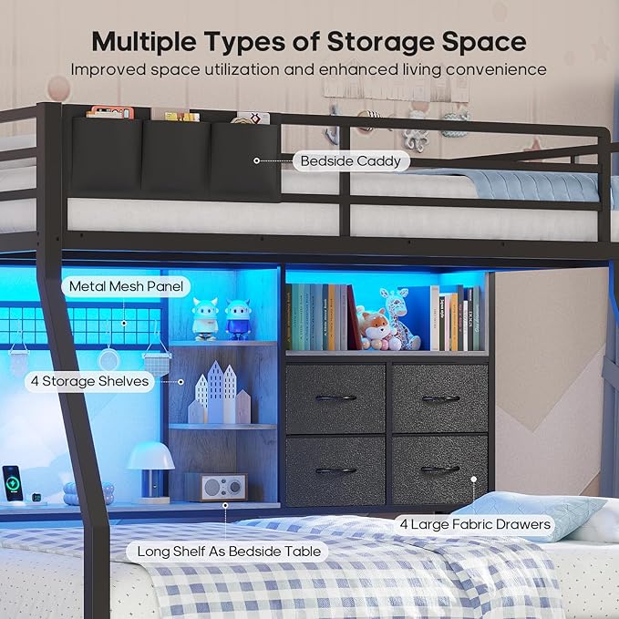 BTHFST Full Over Full Bunk Beds with 4 Storage Drawers & Shelves & Bedside Caddy, Bunk Bed with Charging Station & LED Lights, Full Size Bunk Bed with Safety Guardrail & Angled Ladder, Black & Grey