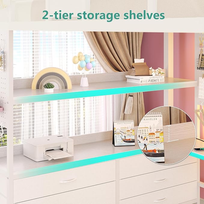 BYSAUD Loft Bed with Desk, Full Size loft Bed, Loft Beds Full Size with Stairs&5 Fabric Storage Drawers,Charging Station&LED Lights,Removable Guard Ladder, Noise Free, No Box Spring Needed (White)