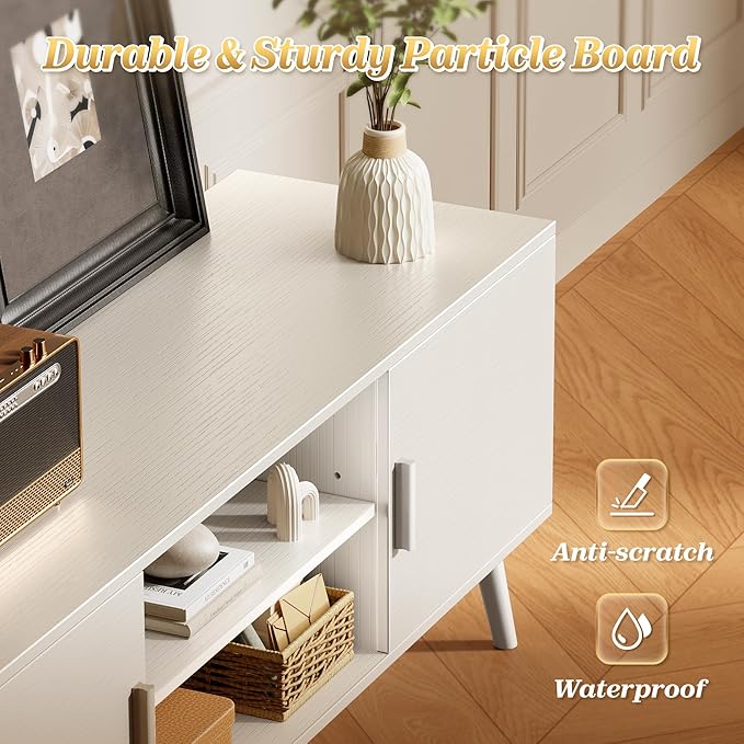 SUPERJARE TV Stand for 55 Inch TV, Entertainment Center with Adjustable Shelf, 2 Cabinets, TV Console Table, Media Console, Solid Wood Feet, Cord Holes, for Living Room, Bedroom, White