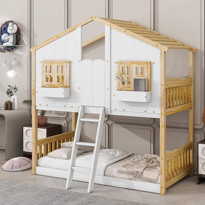Wooden Twin Over Twin Floor Bunk House Bed with Door and Window Built-in Storage Box, Low Loft Bunk Bed for Kids Girls Boys Adults, No Box Spring Needed, Natural/White