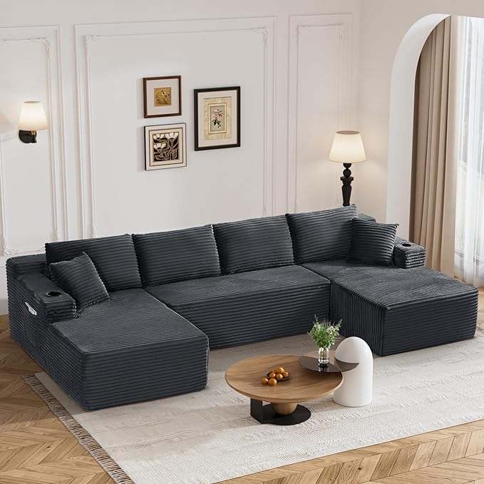 133" Oversized Cloud Boneless Sofa Couch with Chaise, Modern Corduroy U Shaped Modular Sectional Sofa with Deep Seat, Comfy Couch with Cupholders and Storage, No Assembly Required-Grey
