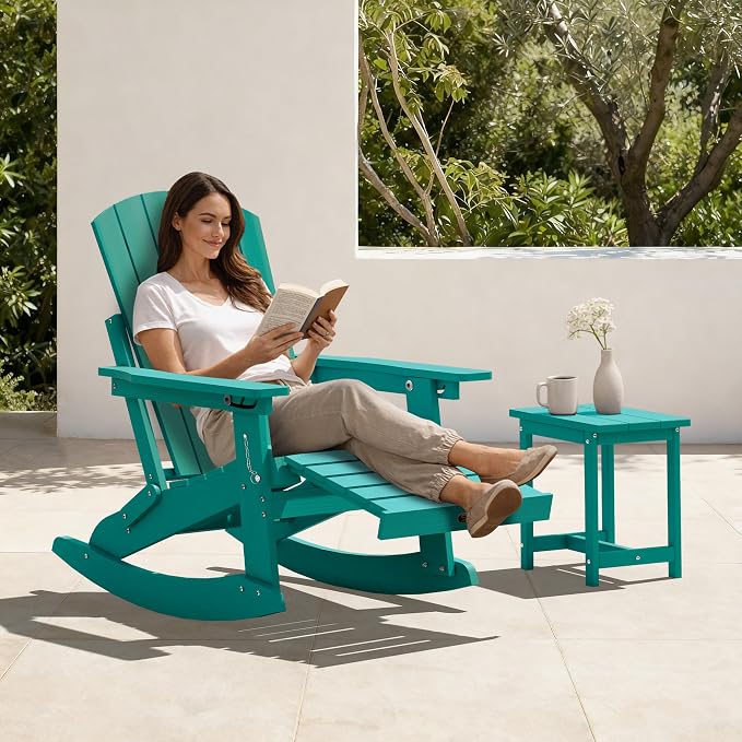 Adjustable Adirondack Rocking Chair Set of 4 with Retractable Ottoman Footrest, 4-in-1 Foldable HDPE Outdoor Rocker, Weather Resistant Adirondack Chair for Porch, Garden & Poolside, Lake Blue
