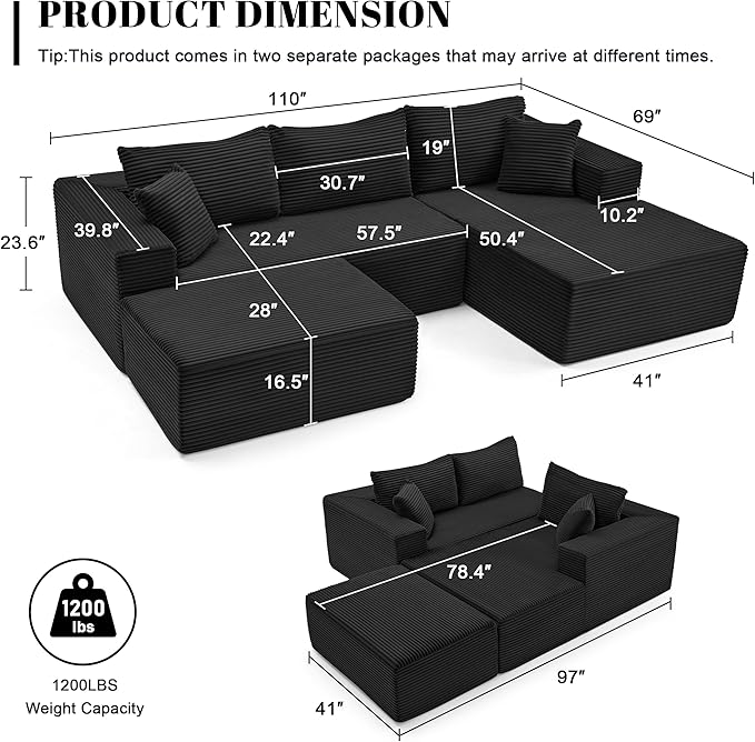 Mangodan 110” Cloud Sectional Couch, Boneless Sofa for Living Room, Modular Sectional Sofa with Deep Seat, Comfy Fluffy U-Shaped Couch with Right-Facing Chaise, No Assembly Required, Black