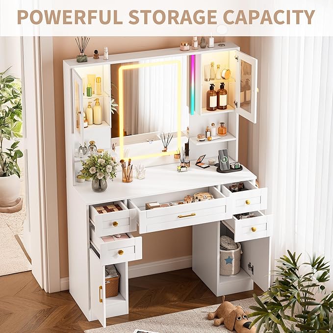 KAMABOKO White Makeup Vanity Desk with Mirror and Lights, Large Vanity Table Set with Charging Station, Dressing Table with RGB Cabinets for Bedroom Dressing Room