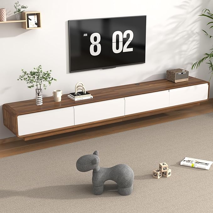 chartustriable 94.5" Minimalist Floating TV Stand for TVs up to 100 Inches, Modern Wall Mounted Media Console with 2 Drawers, Entertainment Center for Living Room, Walnut and White
