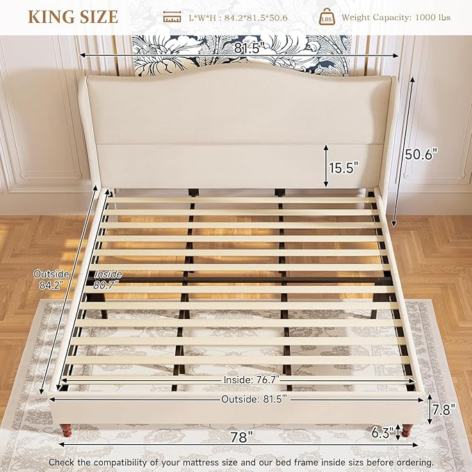 koorlian King Size Bed Frame Upholstered Platform Bed with 51" Tall Headboard Wingback, Soft Fabric, Retro Simple Style Platform Bed No Box Spring Needed, Easy Assembly, Beige