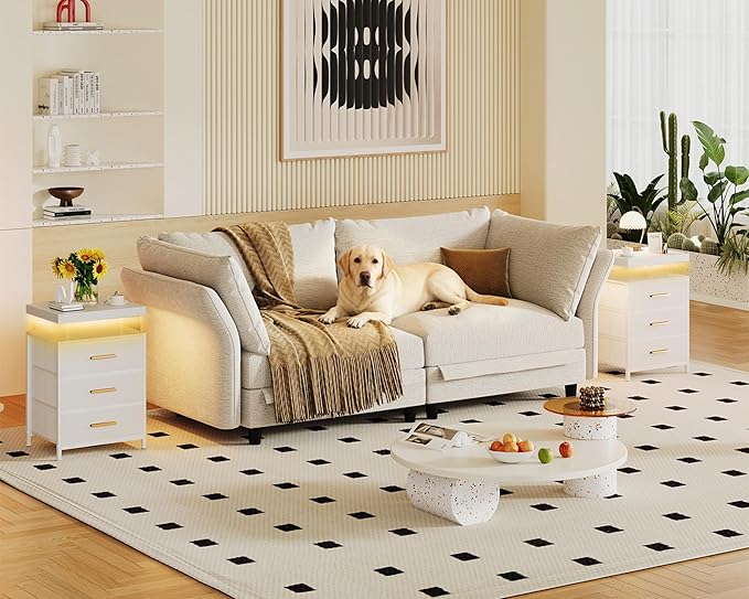 DreamDashio Nightstand Set of 2 with LED Lights, 3 Fabric Storage Drawers with PU Finish, Floating Top Design, Bedside Table with Open Shelf, End Table for Bedroom, Living Room, Office White