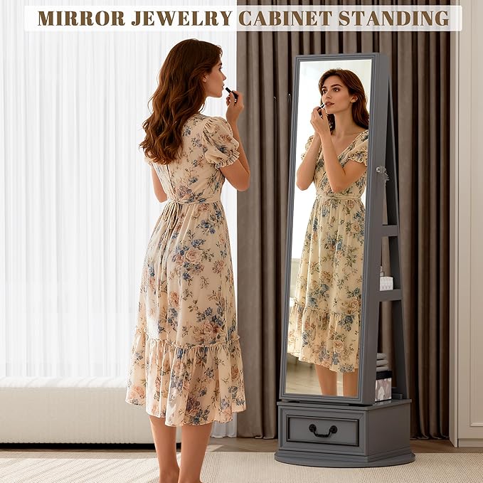 Vlsrka Mirror Jewelry Cabinet Standing, 360° Swivel Jewelry Armoire with Full Length Mirror, Lockable Mirror with Jewelry Storage, 3-Color LED Lights, Foldable Makeup Shelf, Grey