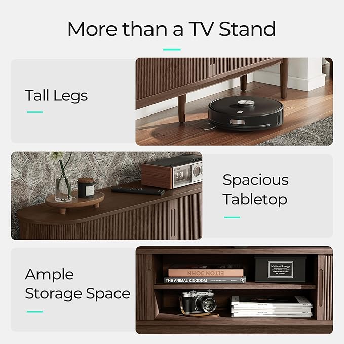 LINSY HOME 58" Fluted TV Stand for TVs up to 65 Inch, Mid Century Modern Entertainment Center with Storage Cabinet and Sliding Doors, Farmhouse Wood Media TV Console for Living Room, Bedroom, Walnut