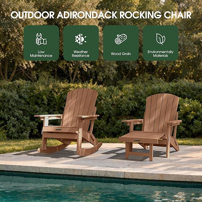 Adjustable Adirondack Rocking Chair Set of 4 with Retractable Ottoman Footrest, 4-in-1 Foldable HDPE Outdoor Rocker, Weather Resistant Adirondack Chair for Porch, Garden & Poolside, Teak