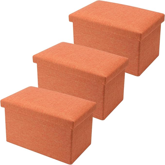 HOZEON 3 Pack 15.7 x 9.8 x 9.8 Inches Folding Storage Ottoman, Orange Rectangle Footrest Seat, Multifunctional Foot Stool for Living Room, Office, Traveling, Fishing, Camping