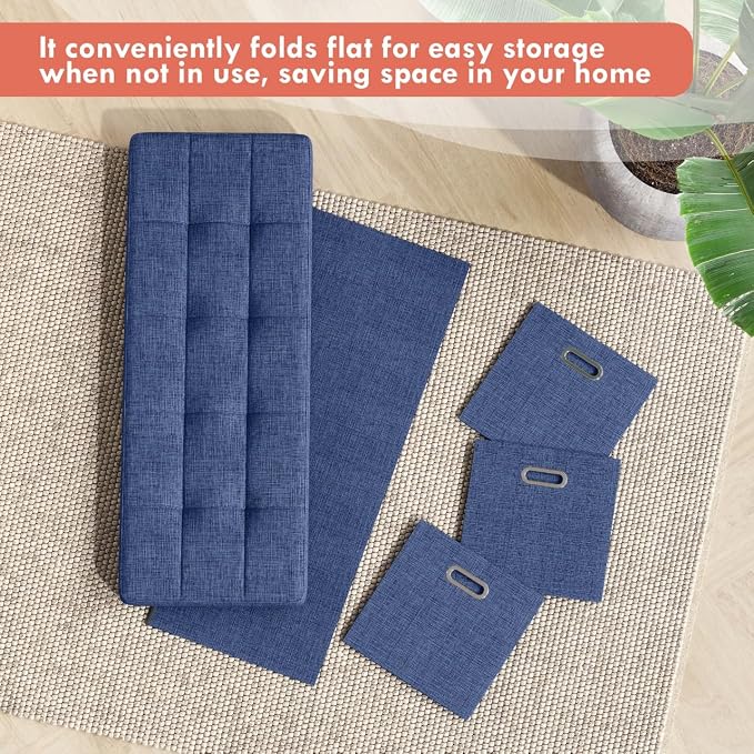 Ornavo Home Storage Ottoman with 3 Drawers, 40 Inches Long Foldable Tufted Linen Large Bench Ottoman with Storage, Foot Rest Stool Seat, for Living Room, Bedroom, Entryway, Navy Blue