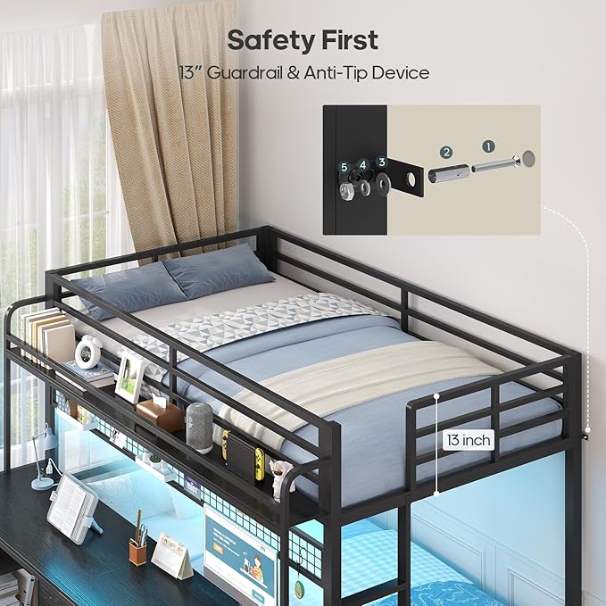 ADORNEVE Bunk Bed Twin Over Twin with 2 Person Desk, LED Lights Twin Bunk Bed with 4 Drawers,Storage Rack, 4 Shelves and Power Outles,Metal Twin Bunk Beds with Guardrail for Kids/Teens Bedroom, Black