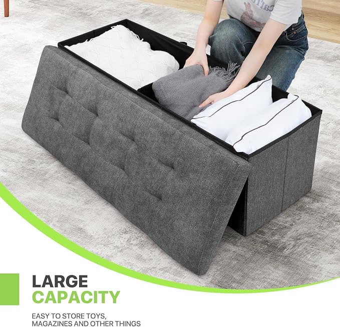 Magshion Folding Storage Ottoman Bench, 43 Inches Ottoman Foot Rest, Large End of Bed Bench, Storage Chest for Living Room, Entryway, Bedroom, 600 lbs Load Capacity, 15 x 43 x 15 Inches, Dark Gray