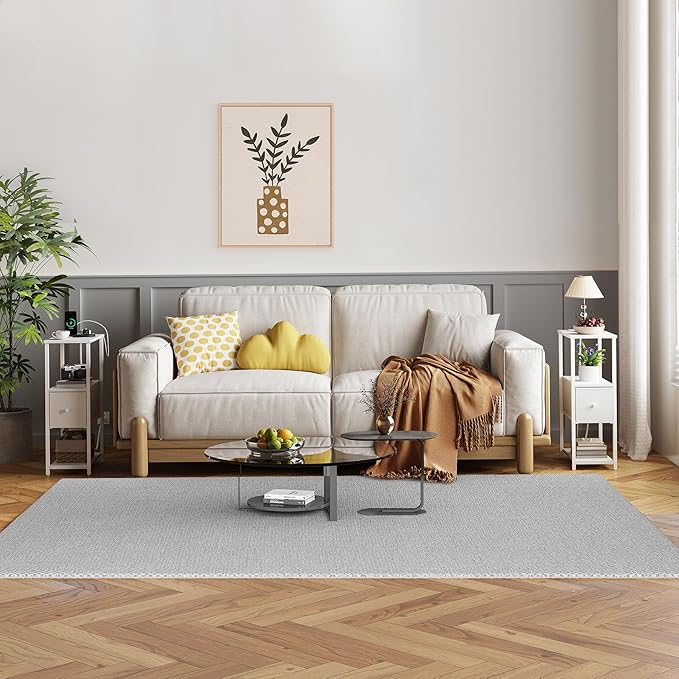 TUTOTAK Small Narrow End Table with Charging Station, Set of 2, Side Table with Outlets, Nightstand with Cloth Drawer, Couch Table, for Living Room, Bedroom, Bedside, White TB01BW058