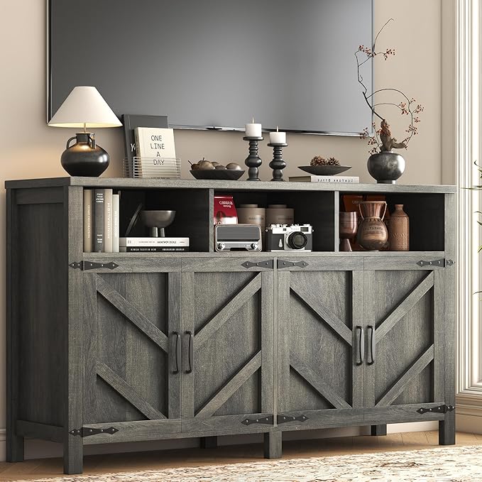 knoworld Buffet Sideboard with Storage Farmhouse with 4 Doors, 55'' Large Kitchen Storage Cabinet Wood Coffee Bar Cabinet Buffet Table with Shelves for Kitchen, Dining Room, Entryway (Gray, 55in)