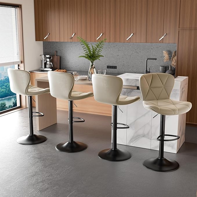 Nalupatio Modern Bar Stools Set of 3, Adjustable Faux Leather Upholstered Swivel Bar Stools, Counter Bar Chairs with Back for Kitchen Island, Khaki