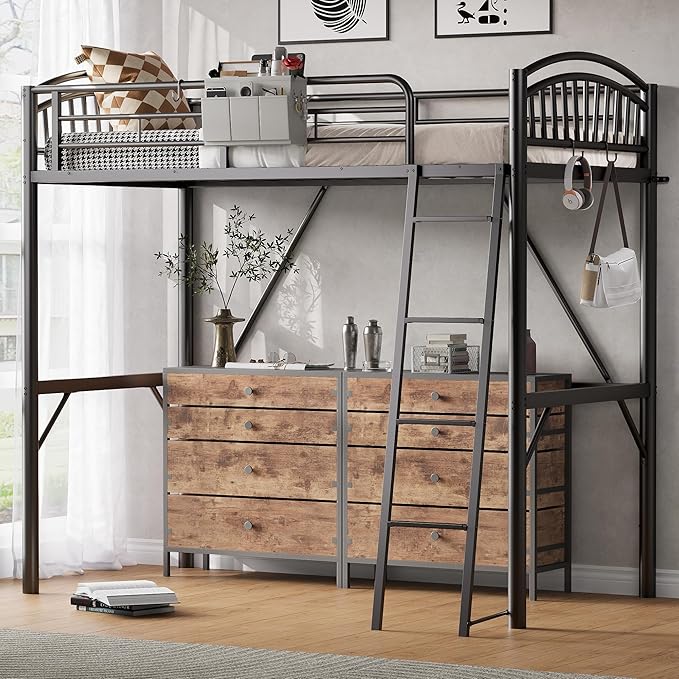 Decofy Metal Loft Bed Twin Size, Heavy Duty Loft Bed with Bedside Caddy, EVA Anti-Slip Ladder with Sturdy Guardrails, Space-Saving Twin Size Loft Bed for Teens & Adults for Bedroom Dorm (Black)
