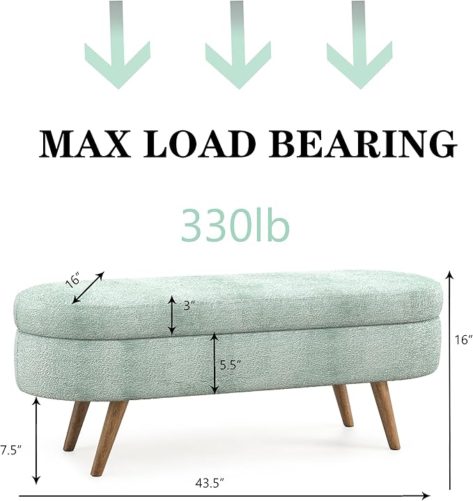 43.5" Ottoman with Storage, Storage Ottoman Bench with Safety Hinge, FoamEnd of Bed Bench, Upholstered Entryway Bench for Bedroom, Living Room & Window, Holds up to 330 lb, Cyan