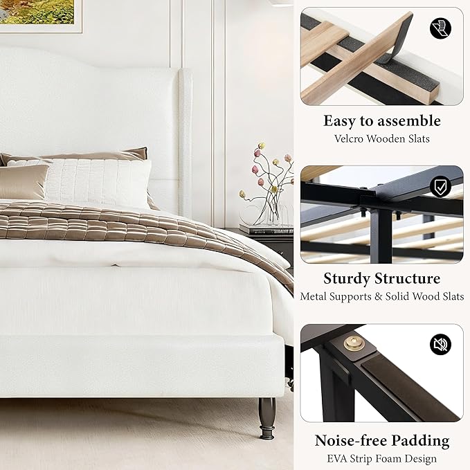Upholstered Queen Bed Frame with Tall Headboard, Leather Platform Bed Frame with Wingback Sides, Wood Slats Support, Noise-Free Design, No Box Spring Needed, Easy Assembly, White