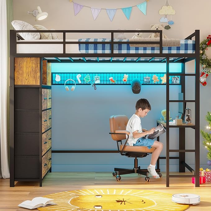 ADORNEVE Twin Size Loft Bed with Desk and 8 Storage Drawers, Metal Kids Loft Bed Twin with LED Lights & Charging Sation, Storage Shelves, 13.1" H Safety Guard & Ladder, Rustic Brown