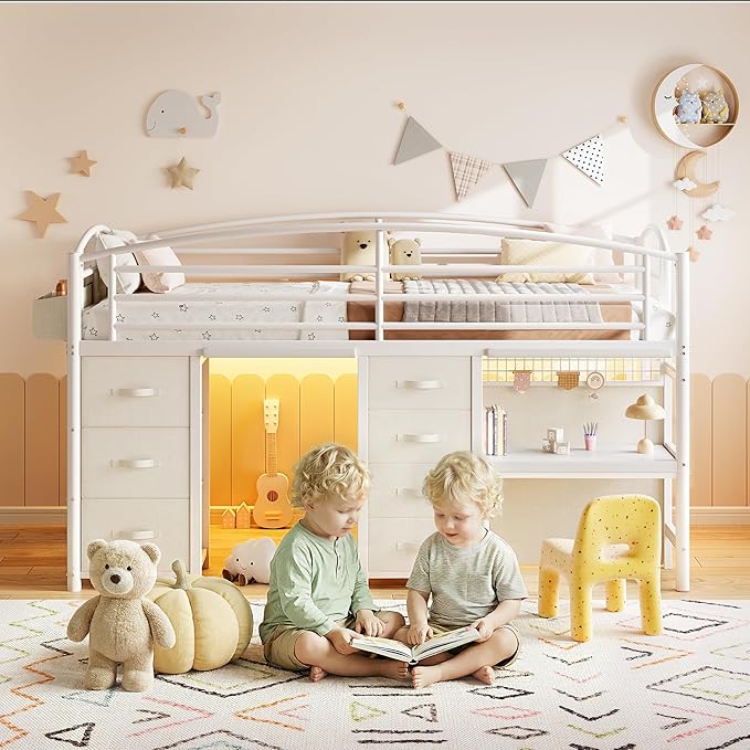 Twin Low Loft Bed with Desk, 7 Storage Drawers & LED Lights, Kids Metal Loft Bed with 12" H Safety Guardrail, Underbed Play Space & Curtain, Anti-Collision Pad (White)