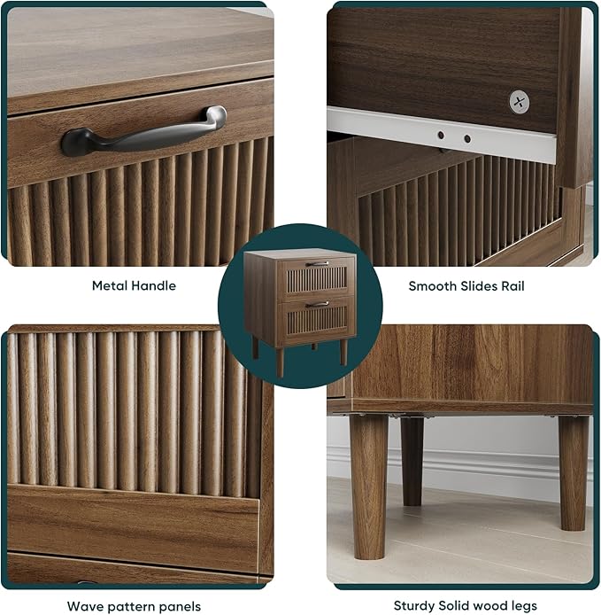 Kiasthome Wood Nightstand with 2 Drawers - Stylish Bedside Table for Bedroom, Functional End Table with Textured Front
