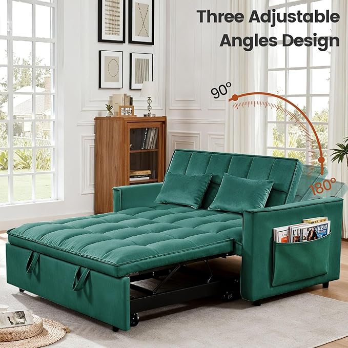 Convertible Sofa Bed, Pull Out Couch with Side Pockets, 3 in 1 Velvet Fabric Loveseat Sleeper Sofa Bed, Pull Out Couch with Adjustable Backrest for Living Room, Bedroom, Apartment, Green