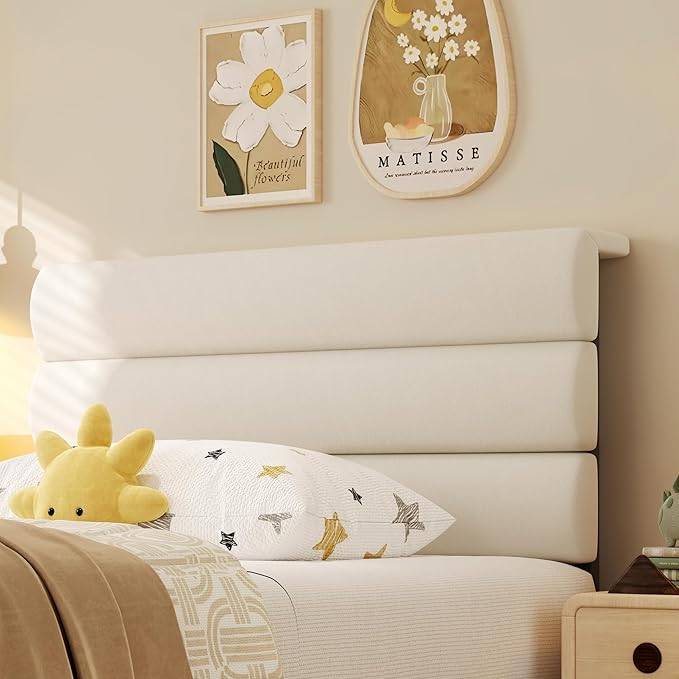 Fluest Twin Bed Frame, Platform Bed Frame with Velvet Upholstered Headboard, No Box Spring Needed, Sturdy Metal Support, Noise Free, Easy Assembly, Modern Bedroom Furniture, Beige