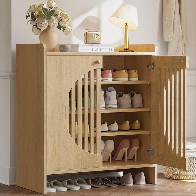 LIKIMIO Shoe Cabinet with Adjustable Shelves, 4-Tier Shoe Storage Cabinet with Slatted Doors, Freestanding Wooden Shoe Cabinet Storage for Entryway, Hallway, Living Room, Oak Natural