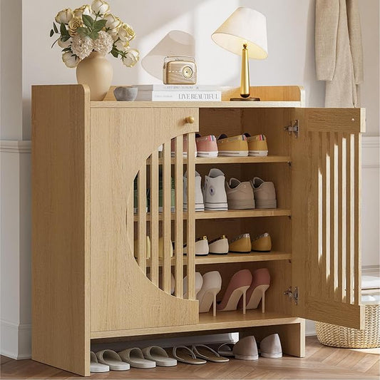 LIKIMIO Shoe Cabinet with Adjustable Shelves, 4-Tier Shoe Storage Cabinet with Slatted Doors, Freestanding Wooden Shoe Cabinet Storage for Entryway, Hallway, Living Room, Oak Natural