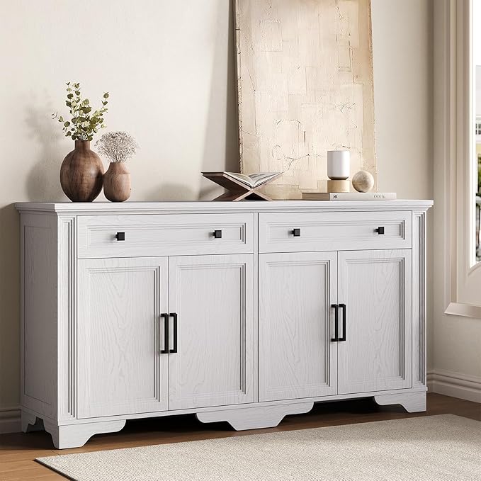 ONBRILL 63" Sideboard Buffet Cabinet, Kitchen Buffet Storage Cabinet, Large Credenza with Drawers & Doors, Wood Coffee Bar Console Wine Bar for Living Room Hallway White