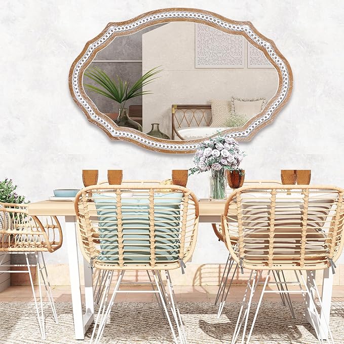 24x35 Inch Decorative Wooden Oval Wall Mirror, Rustic Farmhouse Bathroom Mirror Over Sink, Accent for Entryway, Living Room, Bedroom, Vertical or Horizontal Hanging