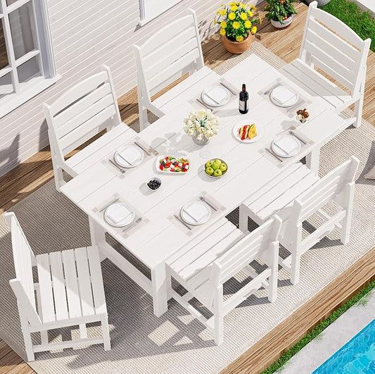 SERWALL Patio Dining Sets for 6 Person, HDPE Dining Set with 6 Armless Chairs, White
